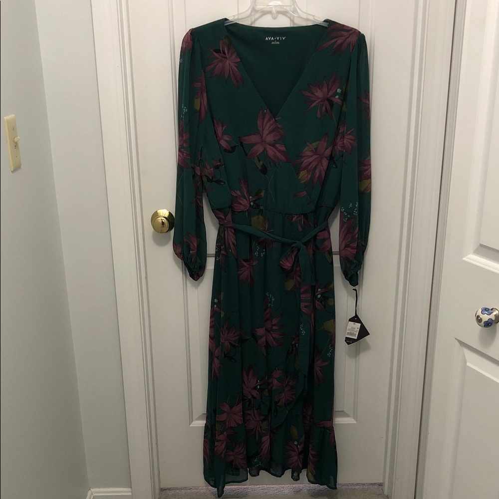 Ava & Viv Teal Floral Wrap Midi Dress with Mauve Blooms